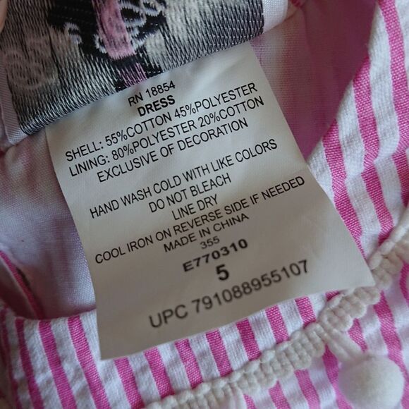 RARE EDITIONS Toddler Girls Pink & White Striped Dress with Pom Pom Trim size 5T - Picture 7 of 10